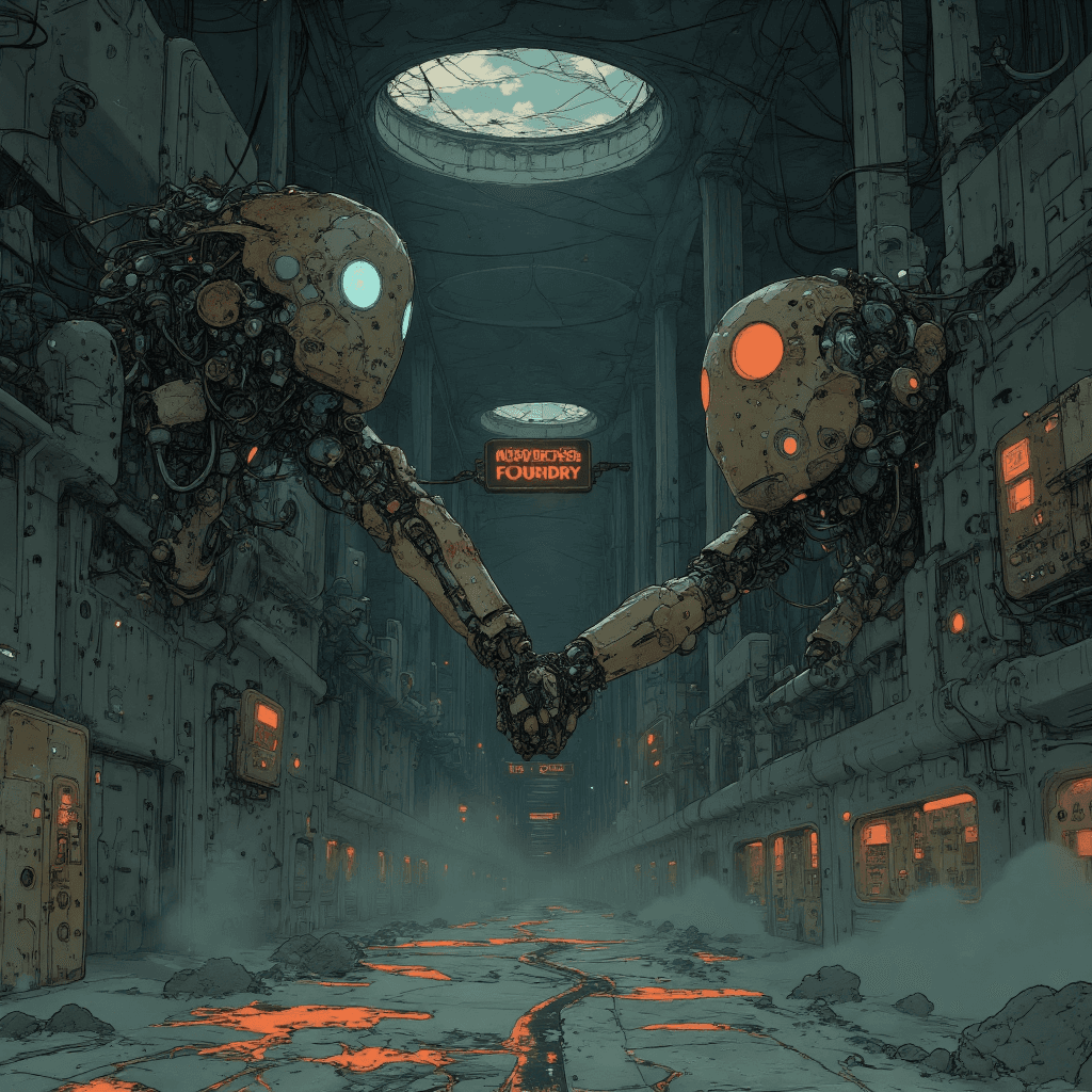 AI generated: A dark, decayed factory filled with the broken remains of androids, their lifeless forms piled hapha...