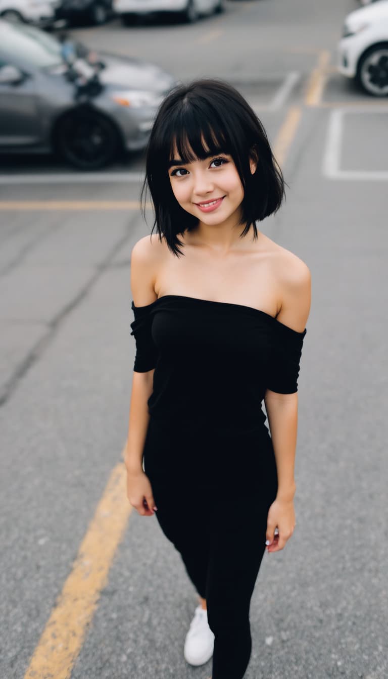 AI generated: a girl ,thick eyebrows, short black hair with very long bangs, wearing a black off the shoulder top,...