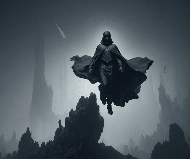 AI generated: levitating dark cloaked figure with Nike swoosh on cloak opening the void to infinity by Craig Mulli...