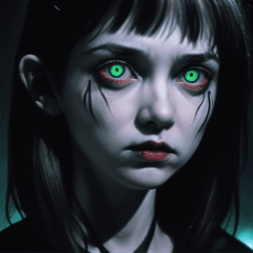 AI generated: village of the damned, girl with spooky glowing eyes closeup, 80s movie style, spooky vhs glitch