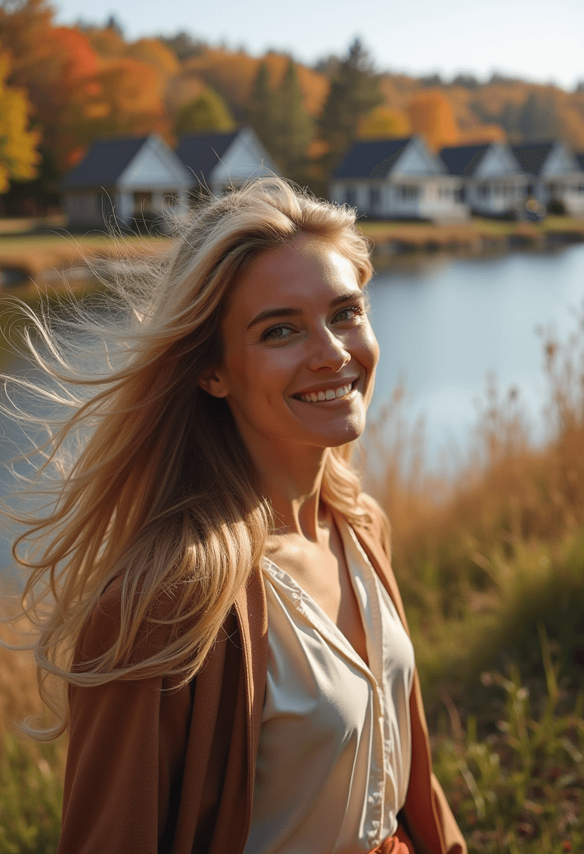 AI generated: photograph of a breathtaking woman with long blonde hair, from the side, smiles intently at the view...