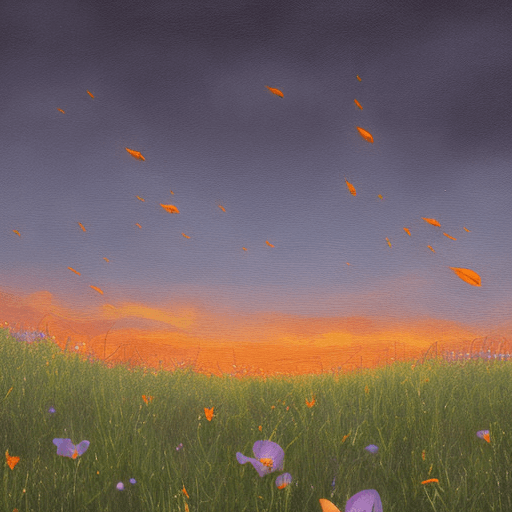 AI generated: Orange sunset, meadow full of flowers, glowing fireflies