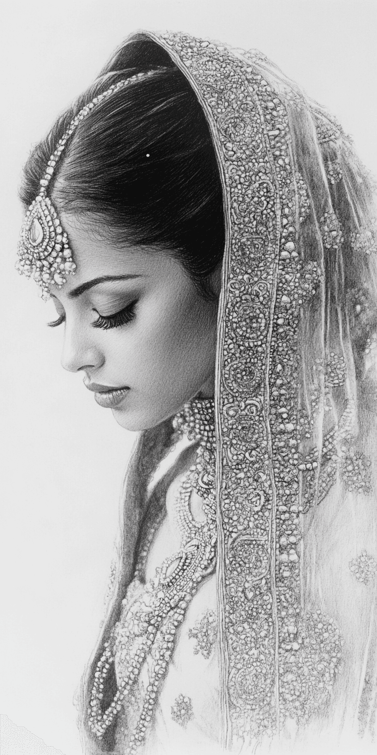 AI generated: Realistic Black and white sketch of a beautiful Indian woman, white background, --chaos 75 --ar 1:2 ...