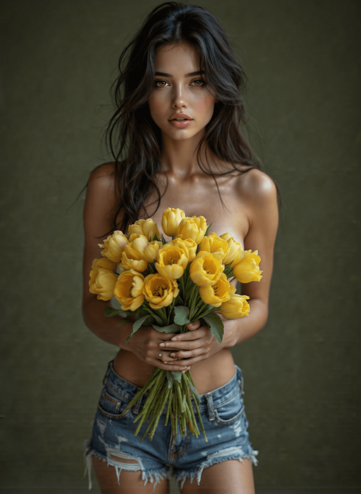 AI generated: The image depicts a stunning model with long, wavy, dark brown hair, holding a bouquet of bright yel...