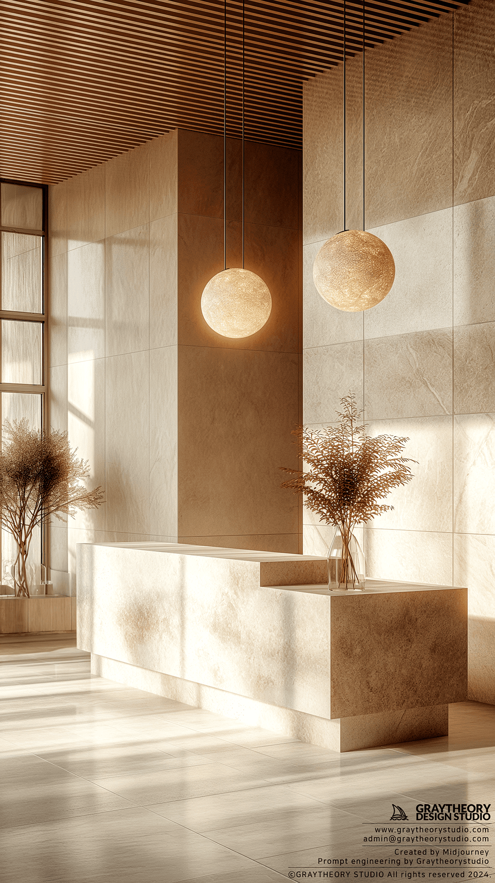AI generated: sleek reception desk in a bright, open space, Sony Alpha 1, highlight the desk's modern aesthetic an...