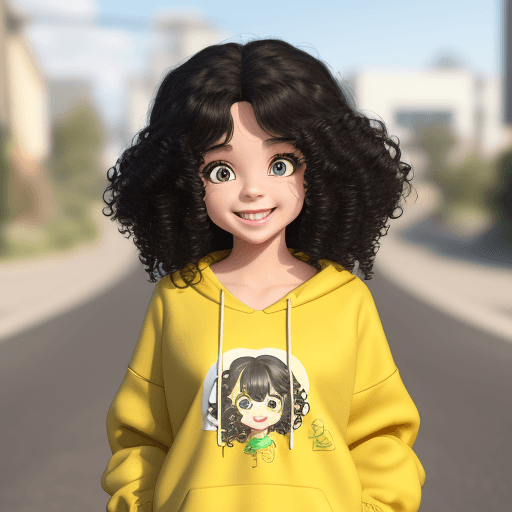 AI generated: small girl, 3D, 8k, curly hair, black hair, smiling, looking ahead, front scene, yellow sweatshirt, ...