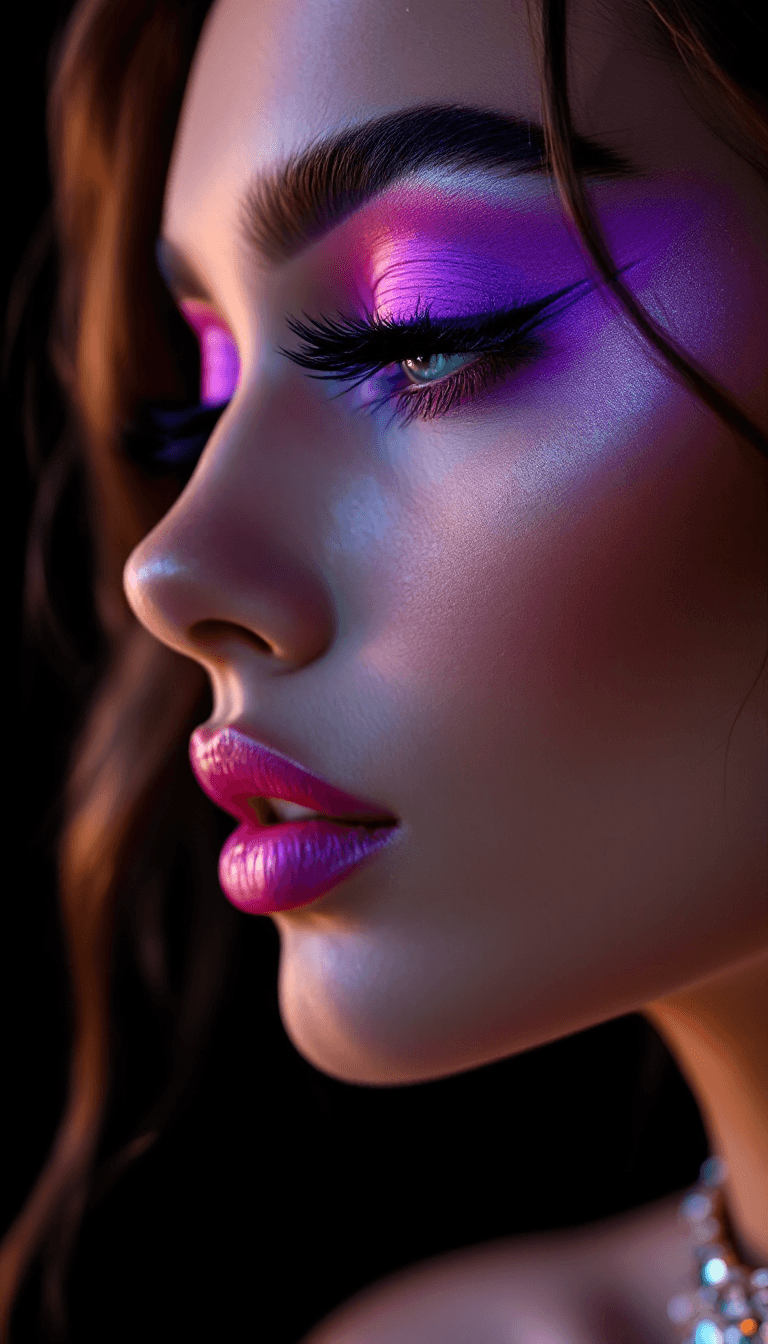 AI generated: a side profile angle photo of a model with thick super long dramatic eyelashes, neon purple eye make...