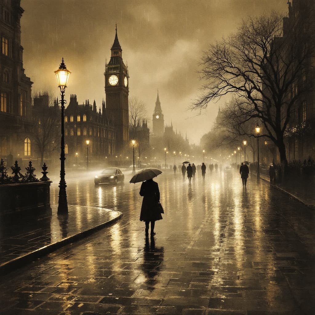 AI generated: •	"A sepia-toned illustration of Victorian-era London under gaslight rain, reflections stretching in...