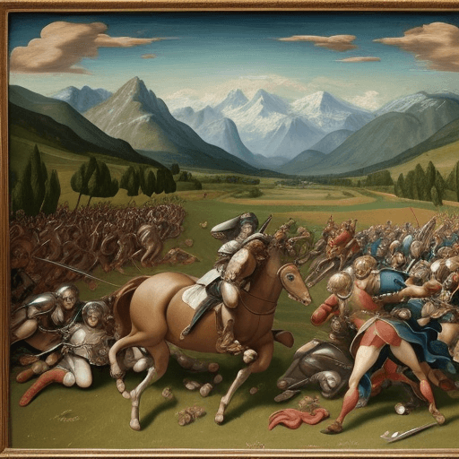 AI generated: renaissance painting depicting battles on a field with mountains in the back.  