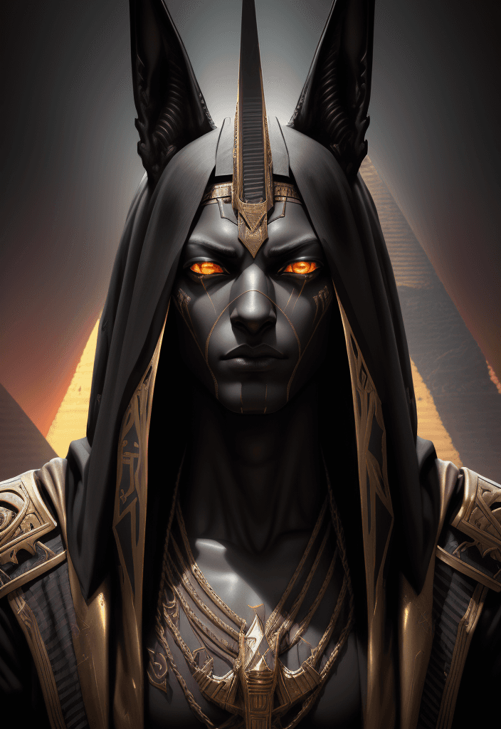 AI generated: portrait the egyptian male anubis, cyberpunk, black, pyramid, hyperdetailed eyes, hyperrealism extre...