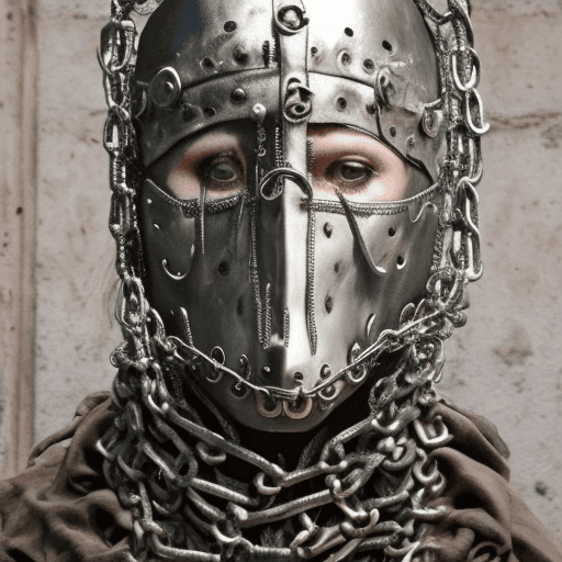 AI generated: a close up of a person wearing a mask with chains around it, metal mask, kris kuksi, inspired by Nic...