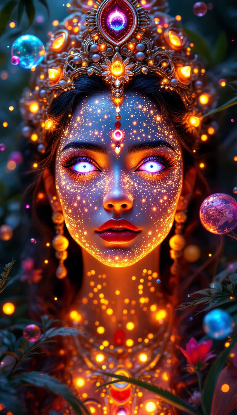 AI generated: Surreal 4k painting of a beautiful hindu diete laxmi mata with expressive lilac eyes and cosmic feat...