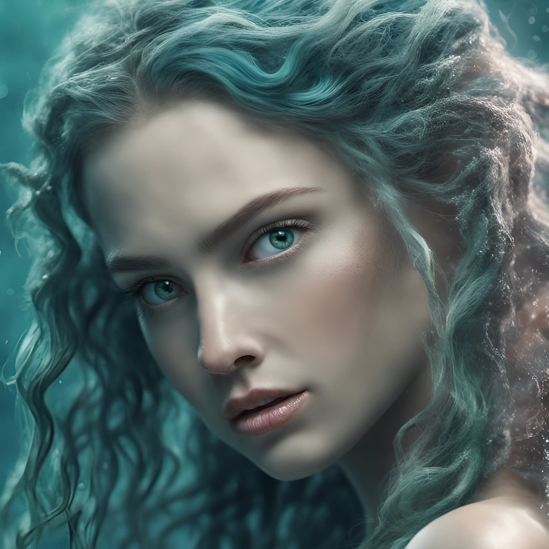 AI generated: photorealistic beautiful mermaid with squid arm hair, greenish bluish colors, fantasy, highly detail...
