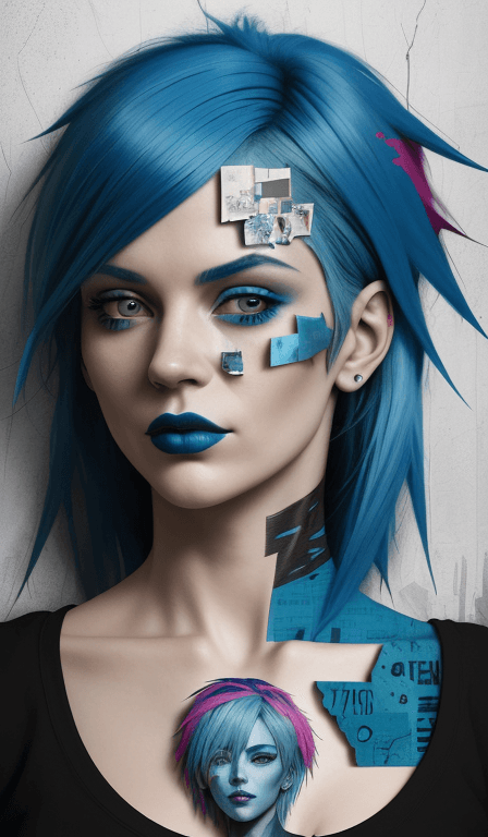 AI generated: woman with blue hair, in the style of multi-layered collages, edgy street art, celebrity-portraits, ...
