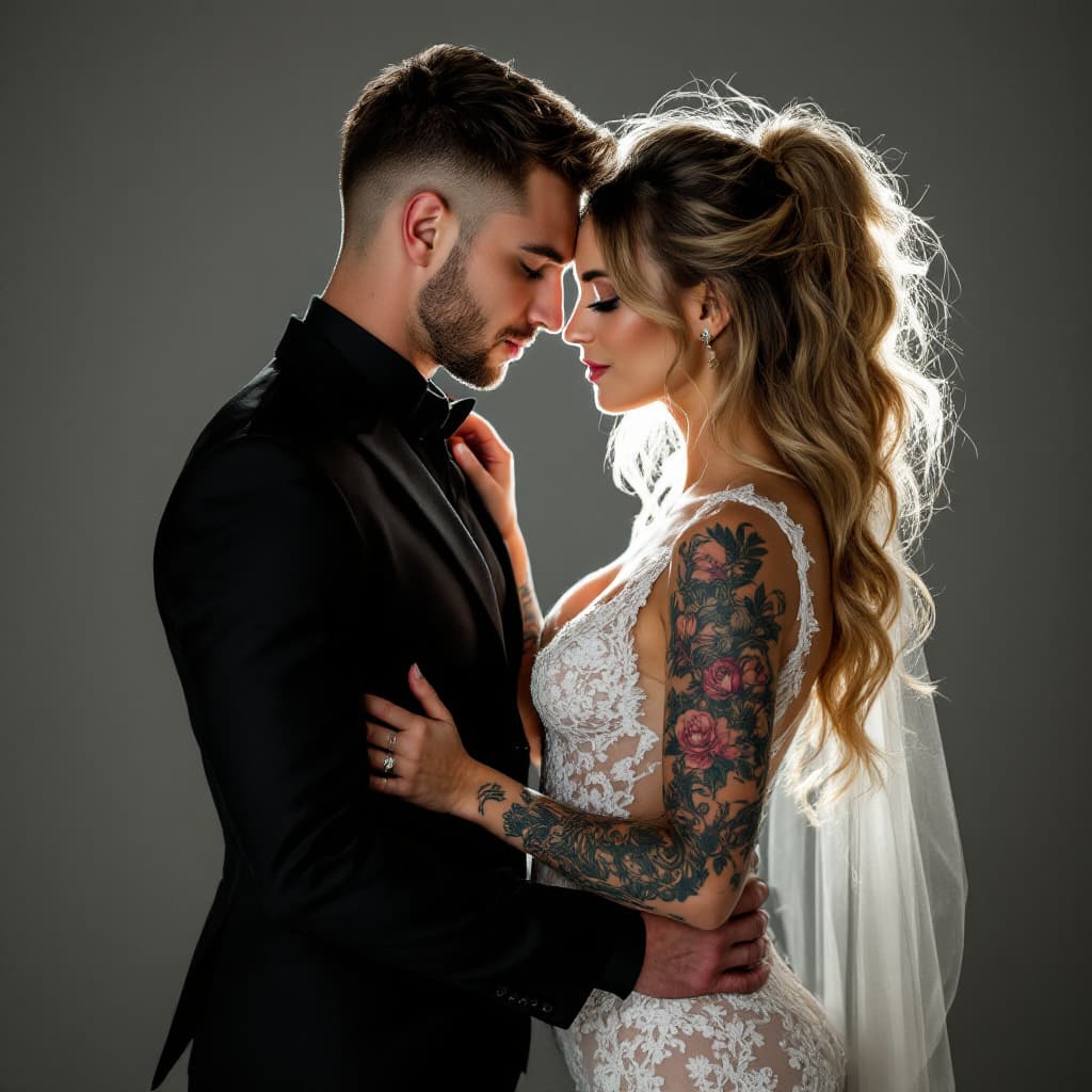 AI generated: Professional couple's style photography photoshoot focus shot on an attractive Caucasian tattooed co...