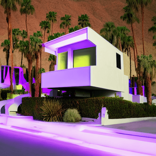AI generated: enigmatic hovering house in palm springs synthwave wonderland