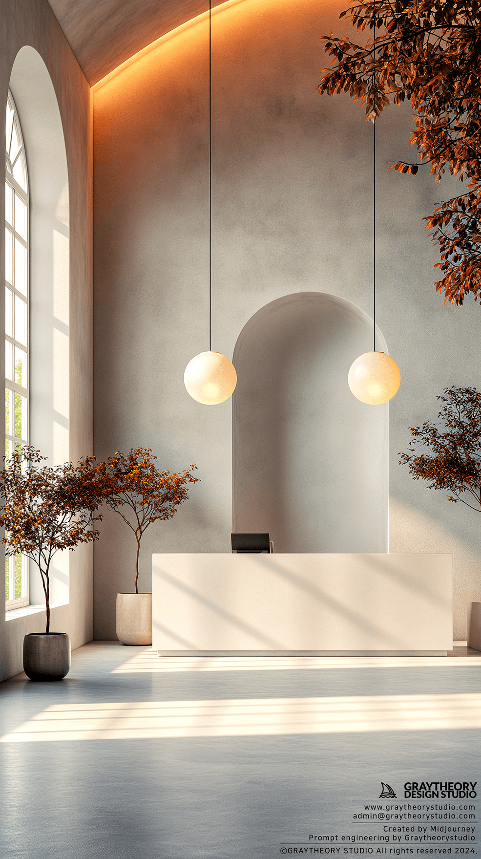 AI generated: modern reception desk with a clean, white finish in a bright studio, Canon EOS-1D X Mark III, the de...