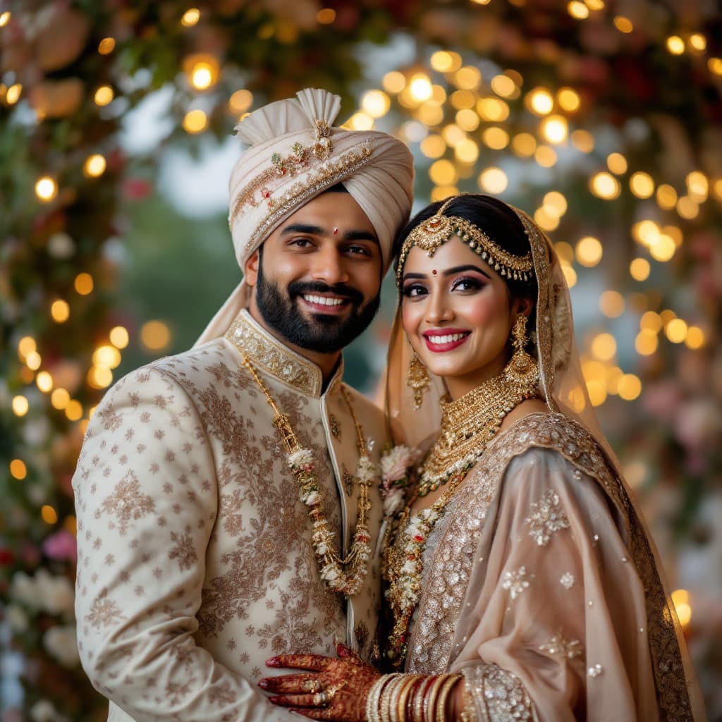 AI generated: A closeup shot of a happy Indian bride and groom in traditional attire, standing together and smilin...