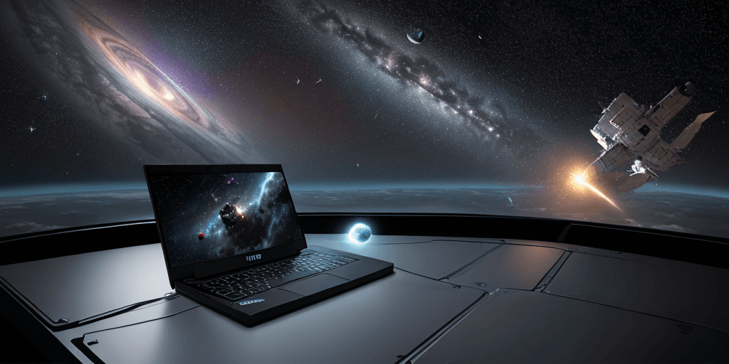 AI generated: A gaming laptop floating in space, drifting along the Milky, realistic, expand the overview , meteor...