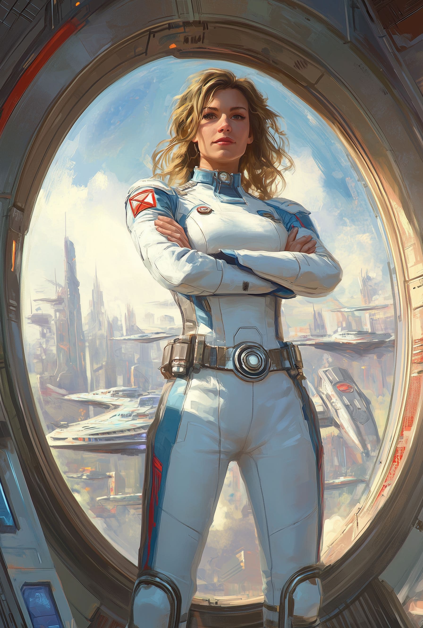 AI generated: **A female space captain stands in the center of an oval portal to another dimension. She is wearing...
