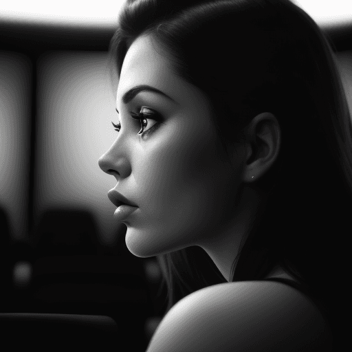 AI generated: 

Close up of side view of attractive woman with lips parted watching a movie in a dark movie theate...