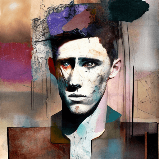 AI generated: Mixed media artwork + Emotional guy + outcast + In the style of surrealist expressionism, muted colo...