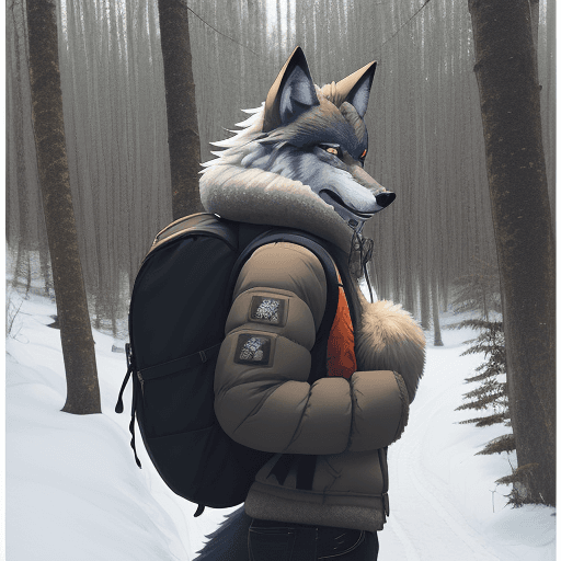 AI generated: furry, fursona, anthro, wolf male, anthropomorphic, clothed, puffy jacket, backpack, (subject on the...