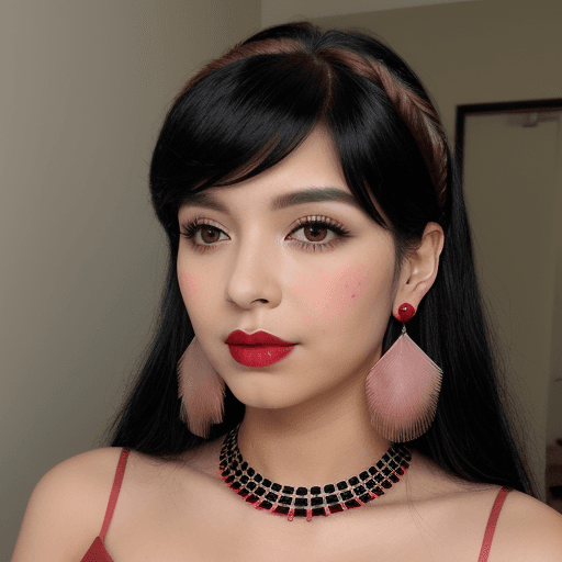 AI generated: solo, black hair, makeup, earrings,  blush, jewelry, long hair with red streaks
