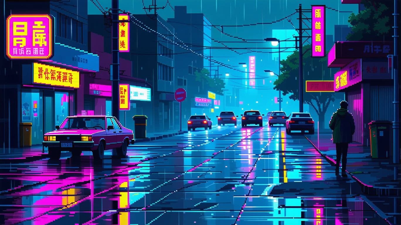 AI generated: Street of the 80s. At night. A lot of neon. Without people. No cars. Rain. Pixel Art Style Side view