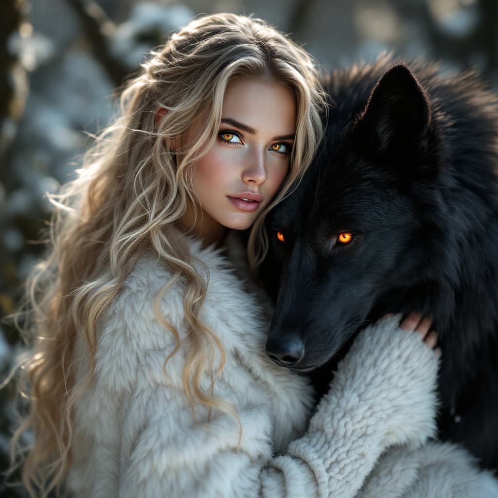 AI generated: Photographic portrait of a white wolf witch, cascading golden blonde hair, eyes a honey amber like t...