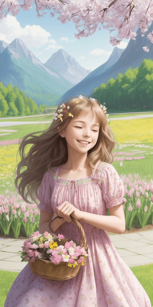 AI generated: Create an image of a girl in a spring park. The girl is wearing a bright, light dress with a floral ...
