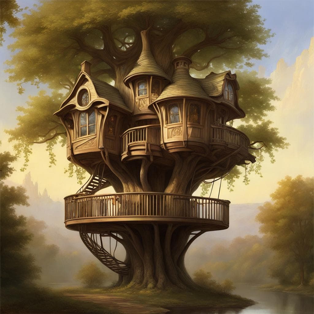 AI generated: art nouveau treehouse by jean-leon gerome :: art nouveau treehouse by james paick ::2 art nouveau tr...