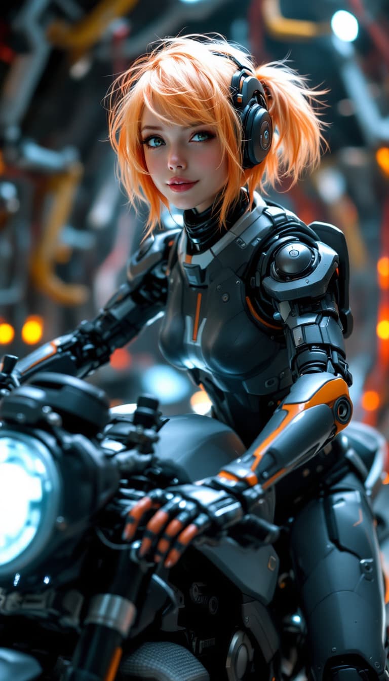 AI generated: 1 cute cyborg lady holding onto futuristic motorcycle with left Hand , left hand on bike throttle ri...