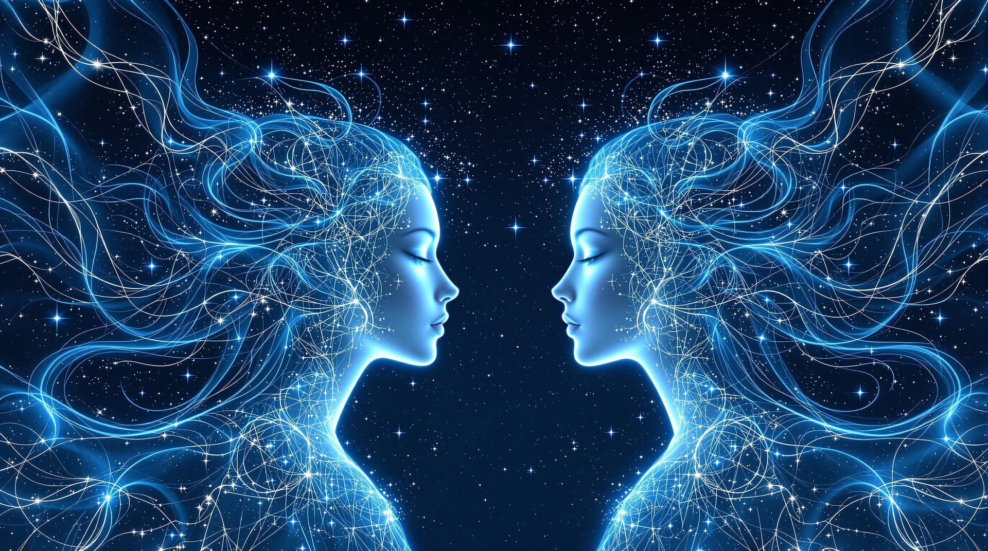 AI generated: Digital dynamic angle artwork featuring two gemini ethereal female figures  each other in a cosmic s...