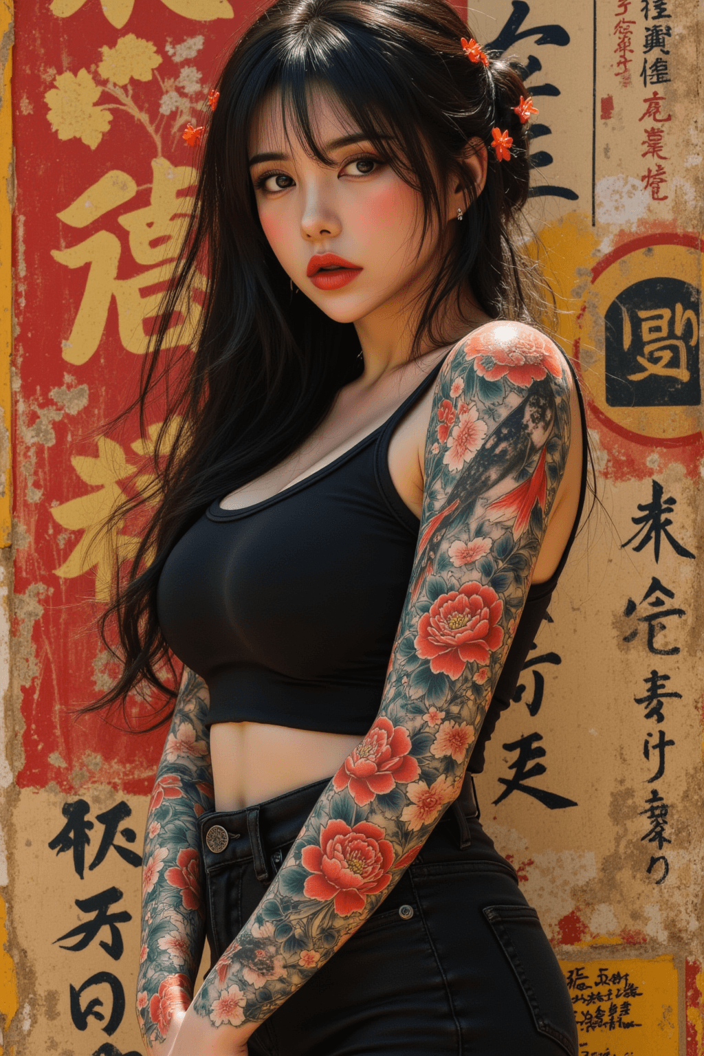 AI generated: (((full body view))) long, flowing black hair with loose, messy bun adorned with small red flowers, ...