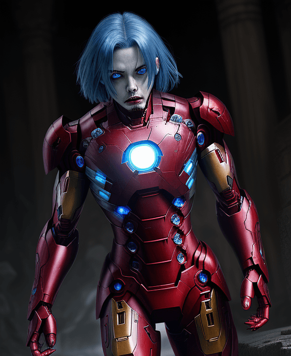 AI generated: Scary ancient Iron man IFemale superior ancient Strigoi vampire, Blue hair and red eyes,horror, ultr...