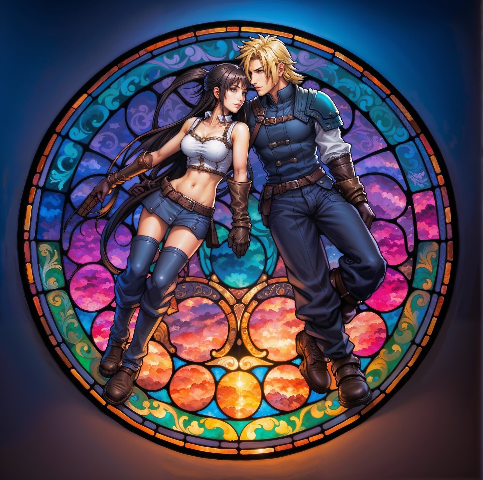 AI generated: In ethereal stained glass, the beloved Final Fantasy characters Tifa and Cloud are depicted as a rad...