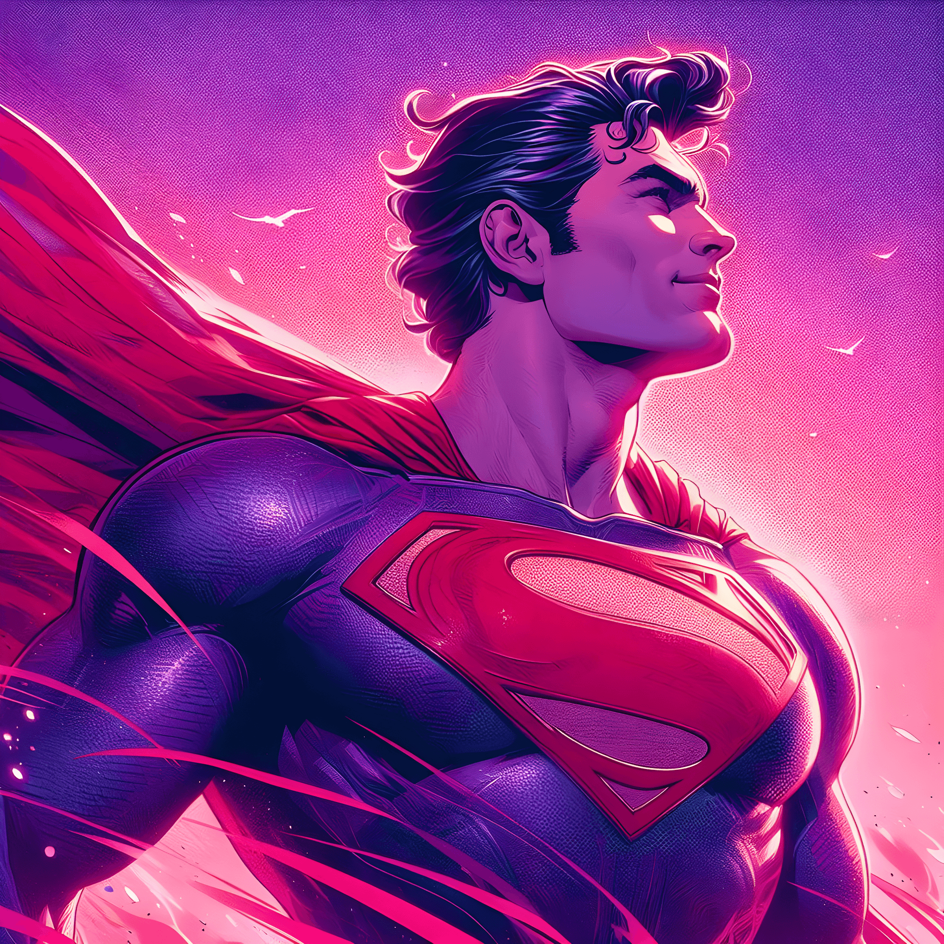 AI generated: Superman , Digital illustration, Computer-generated, Contemporary, Purples and pinks.