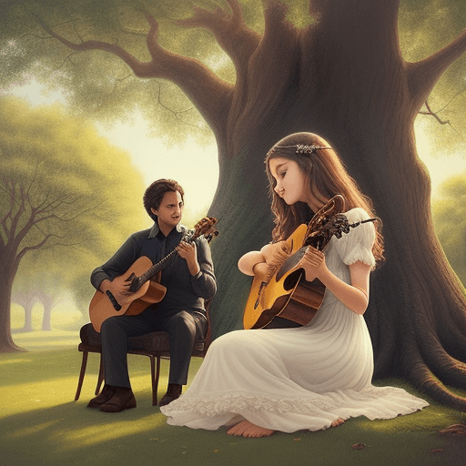 AI generated:  as Tom played his guitar beneath the ancient oak tree, Laila happened upon the enchanting melody th...