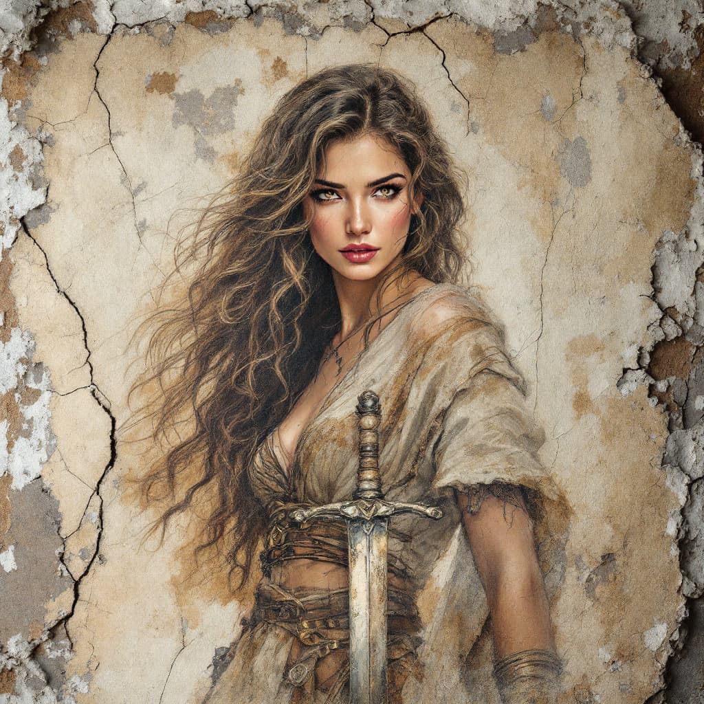 AI generated: On an old, cracked wall with peeling plaster is a faded old painting depicting a warrior woman with ...