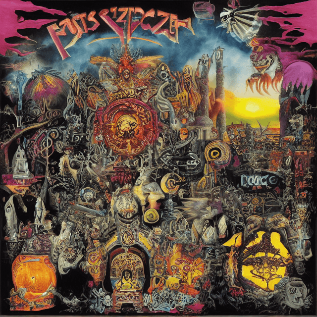 AI generated: An exotic album cover for various rock artists, the rock band Ghost, AC/DC, Prince, Led Zeppelin, vi...