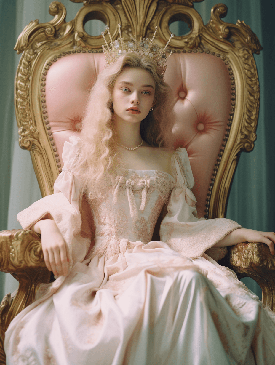 AI generated: Kodak disposable photography of young queen sit on her throne, 8k, --ar 3:4
