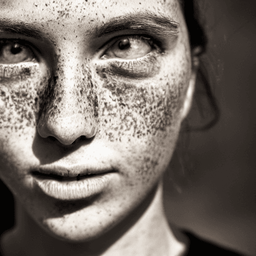 AI generated: detailed and realistic portrait of a woman with a few freckles, round eyes and short messy hair shot...