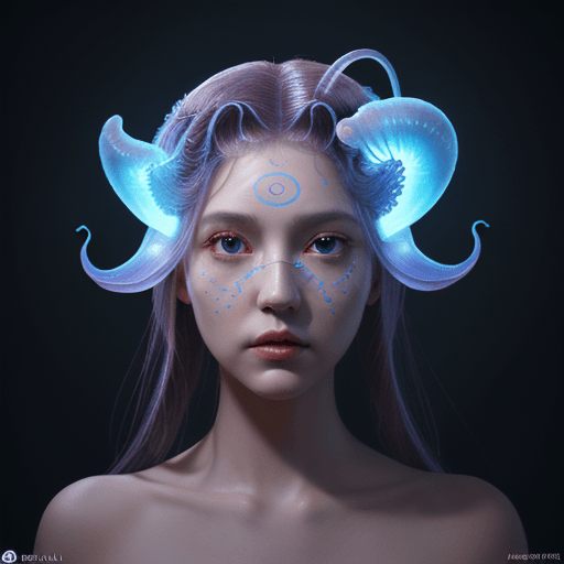 AI generated: Goddess close-up portrait ribcagel. jellyfish phoenix head, nautilus, orchid, skull, betta fish, bio...