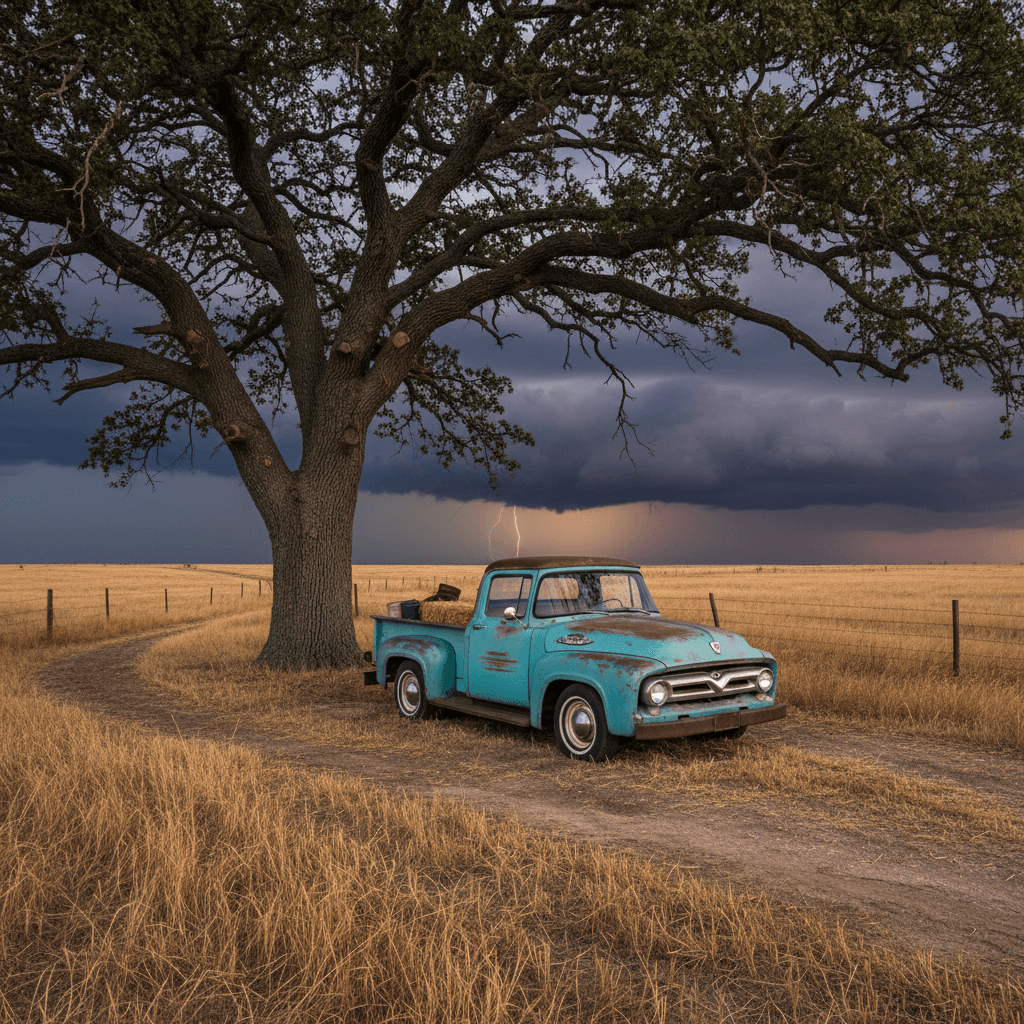 AI generated: "A vintage pickup truck parked under a tree in an open Oklahoma field, with storm clouds approaching...