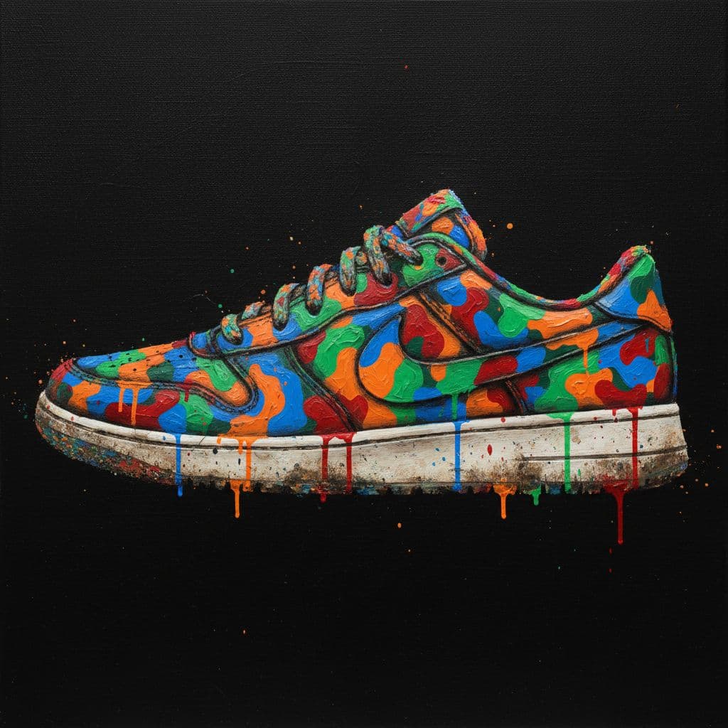 AI generated: artistic painting art, side view, Nike conceptual sneakers design, distinctive vibrant camouflage pa...