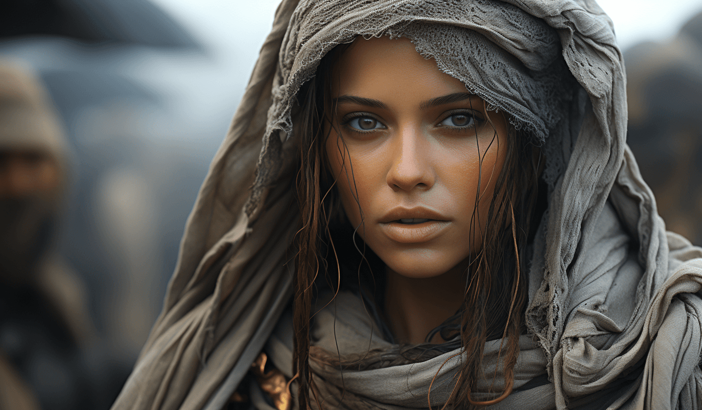 AI generated: the cgi sandstorm movie, in the style of beautiful women, close-up intensity, gray and bronze, range...
