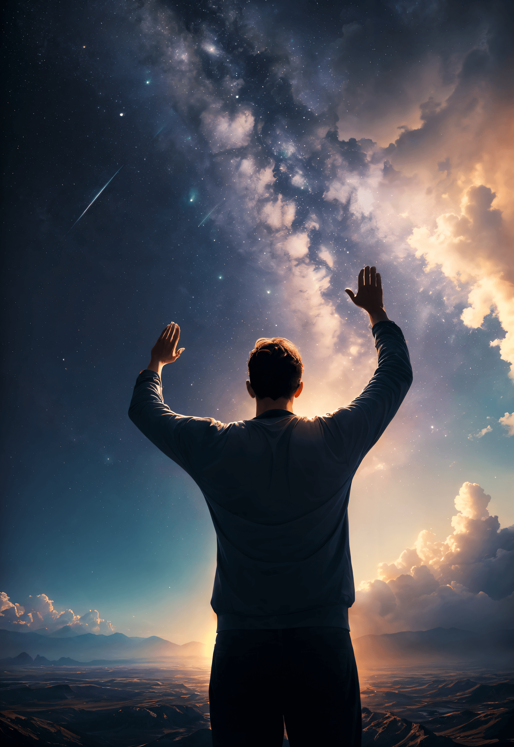 AI generated: man praying peacefully with his hands up to the sky, with light descending upon him, and the vast un...