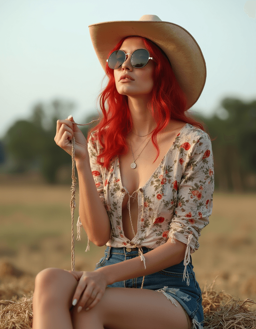 AI generated: A woman with vibrant red hair, wearing a cowboy hat and sunglasses, is seated on a hay bale. She hol...