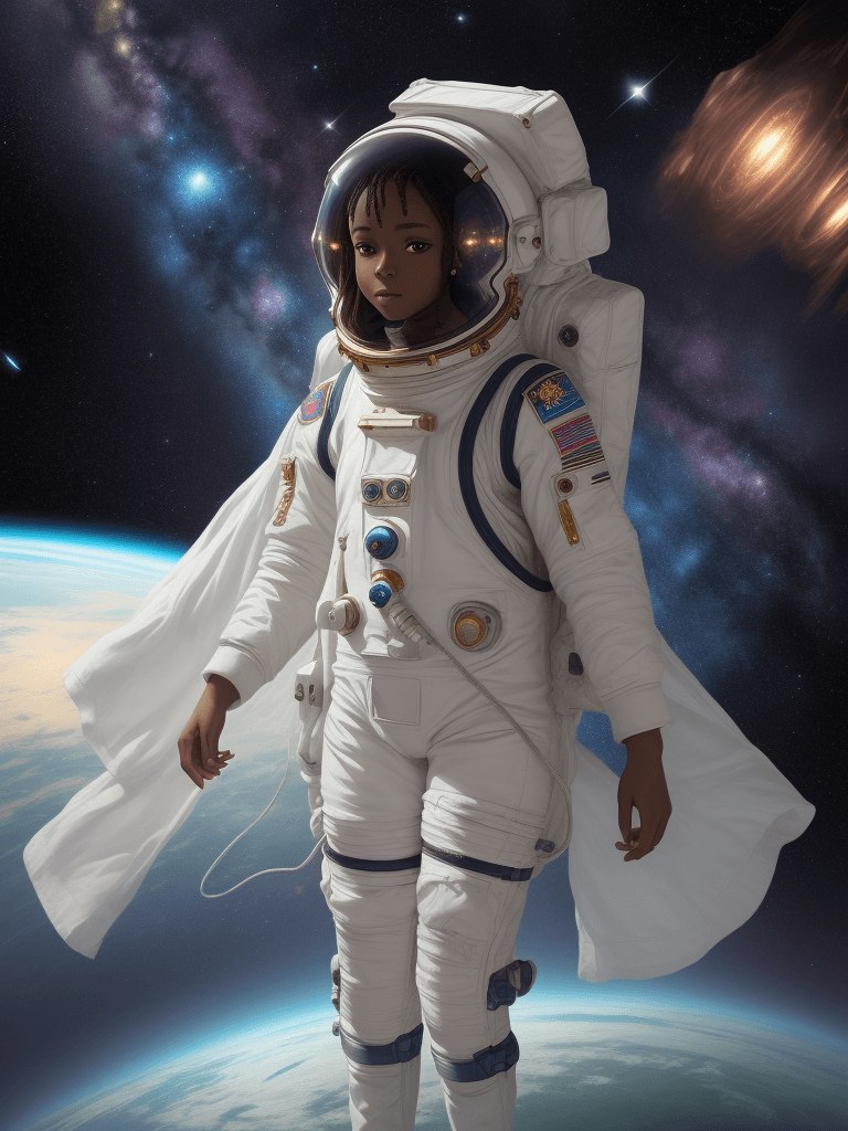 AI generated: full length portrait of a Nigeria astronaut girl| highly detailed exquisite fanart| (floating in spa...